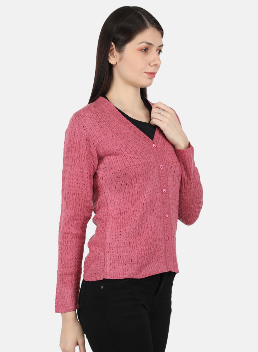 Women Pink Self Design Cardigan