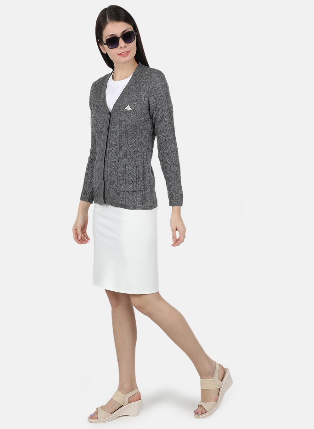 Women Grey Self Design Cardigan