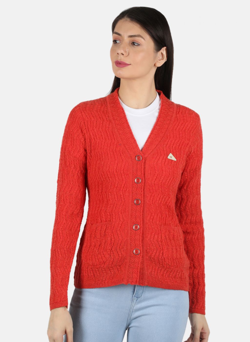 Women Orange Self Design Cardigan
