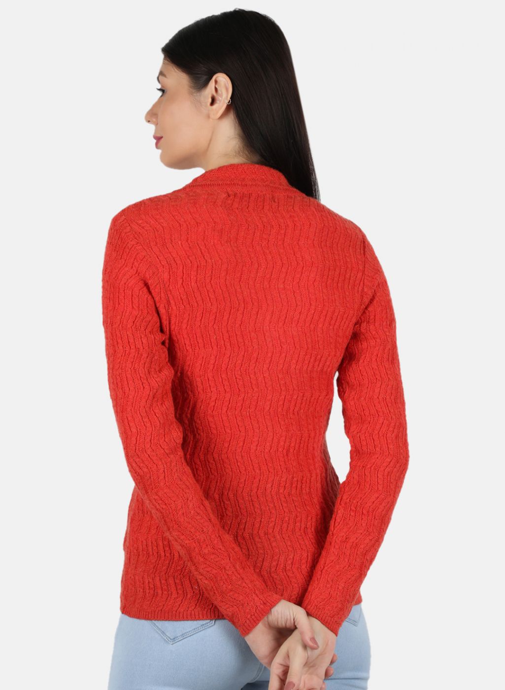 Women Orange Self Design Cardigan