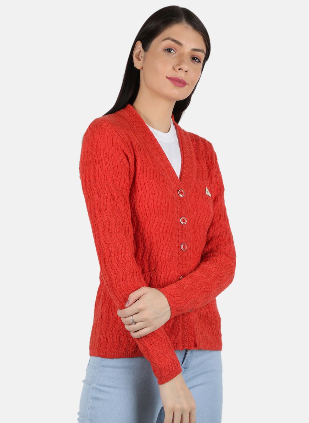 Women Orange Self Design Cardigan