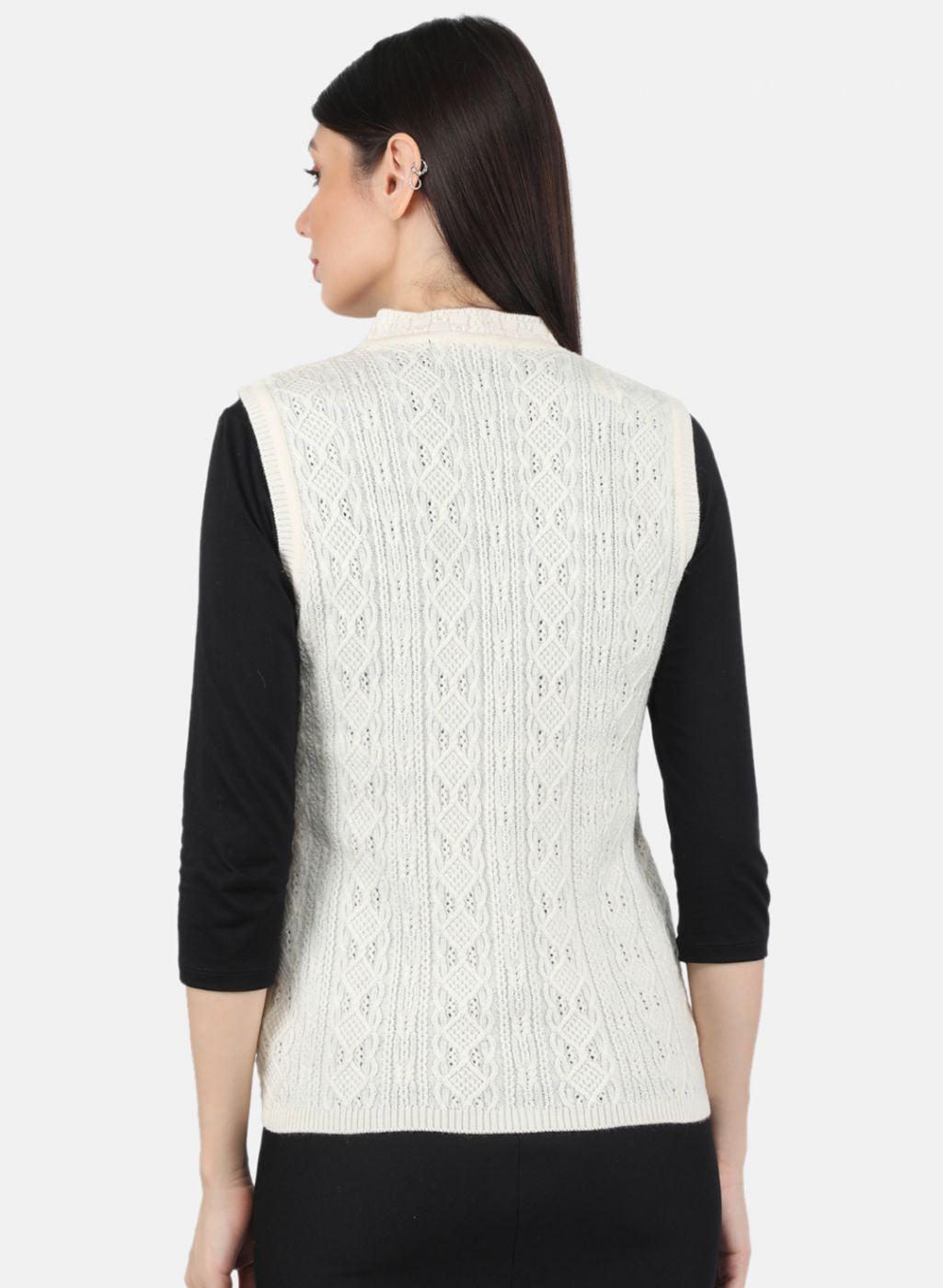 Women Off White Self Design Cardigan