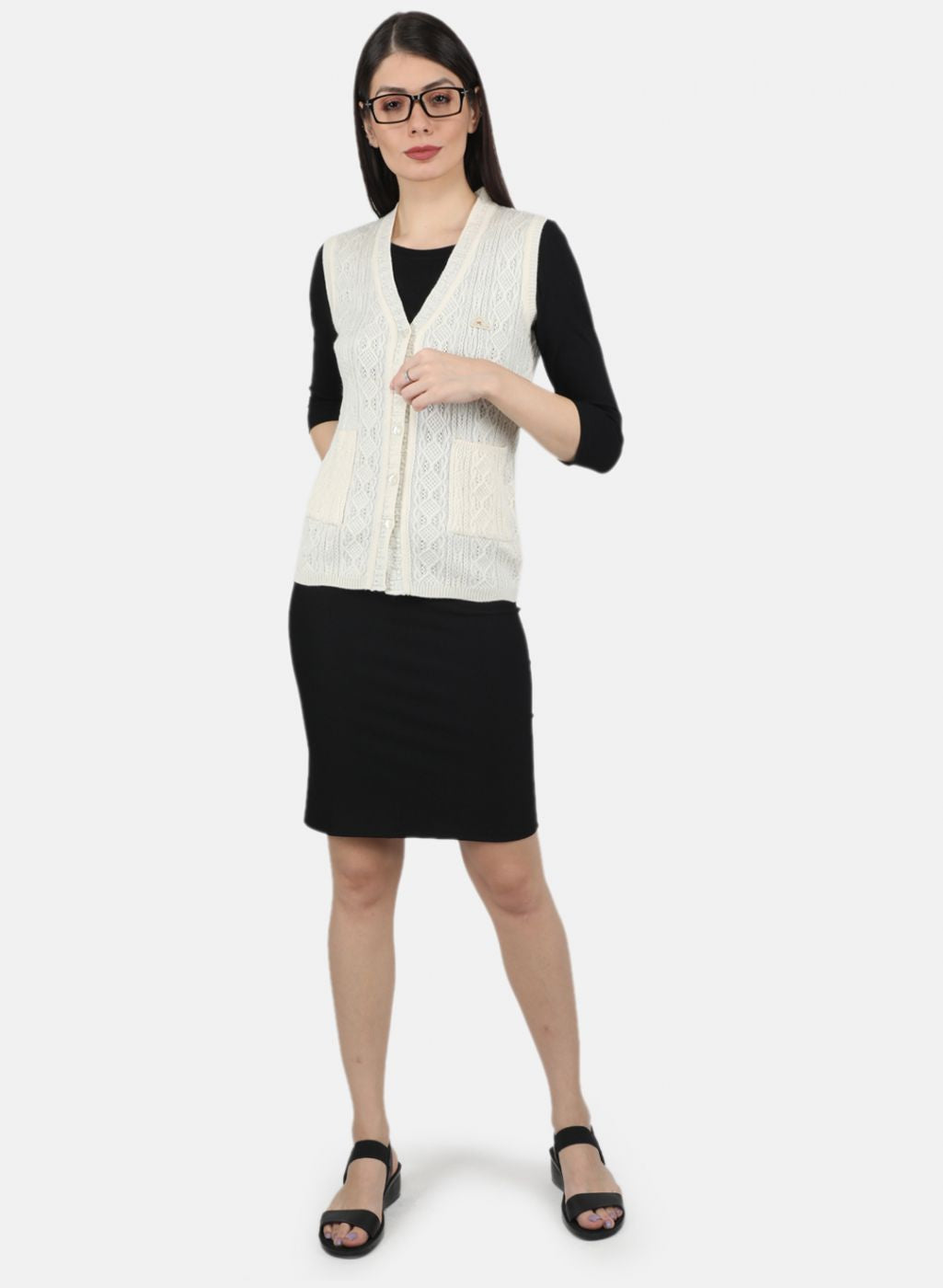 Women Off White Self Design Cardigan