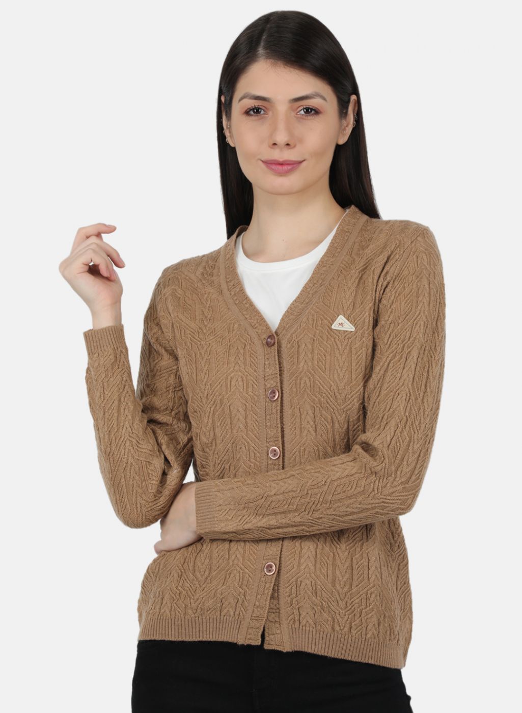 Women Beige Self Design Cardigan