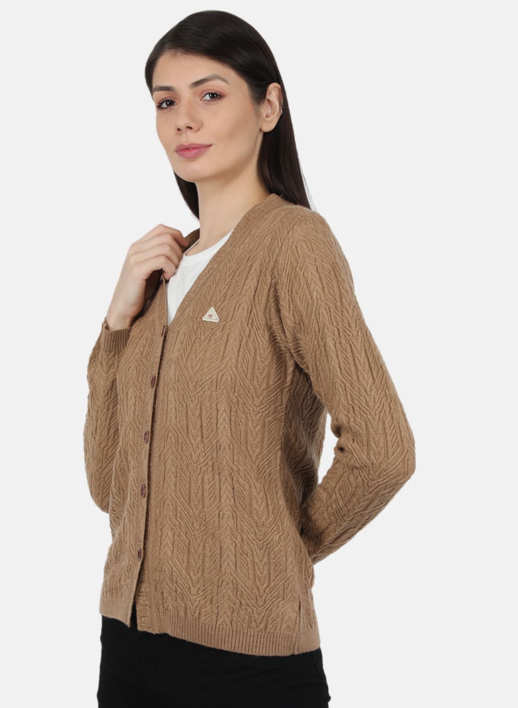 Women Beige Self Design Cardigan