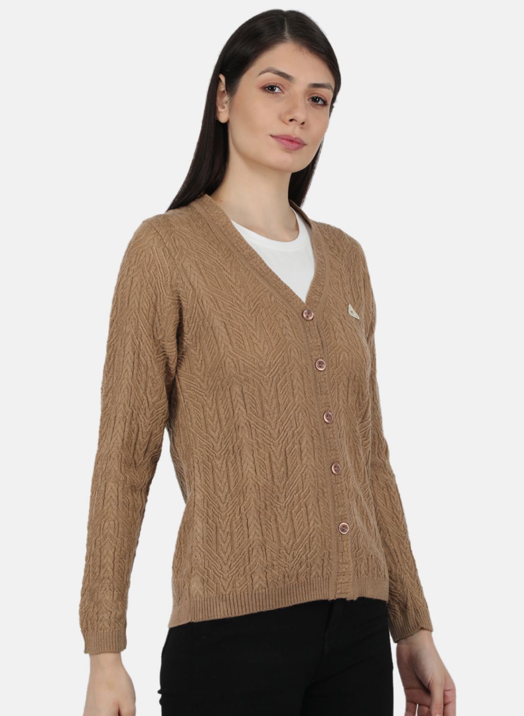 Women Beige Self Design Cardigan