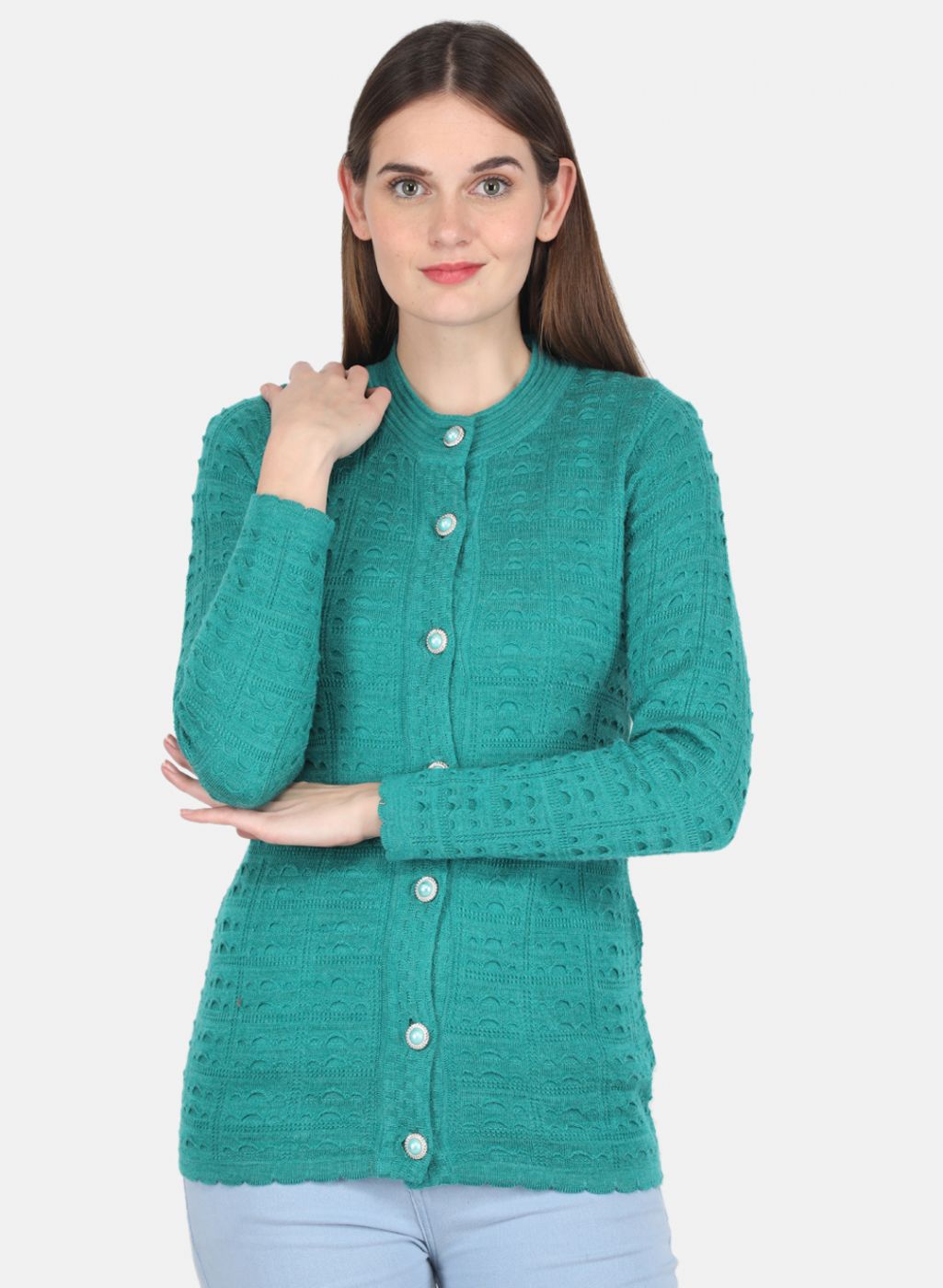 Women Green Self design Cardigan