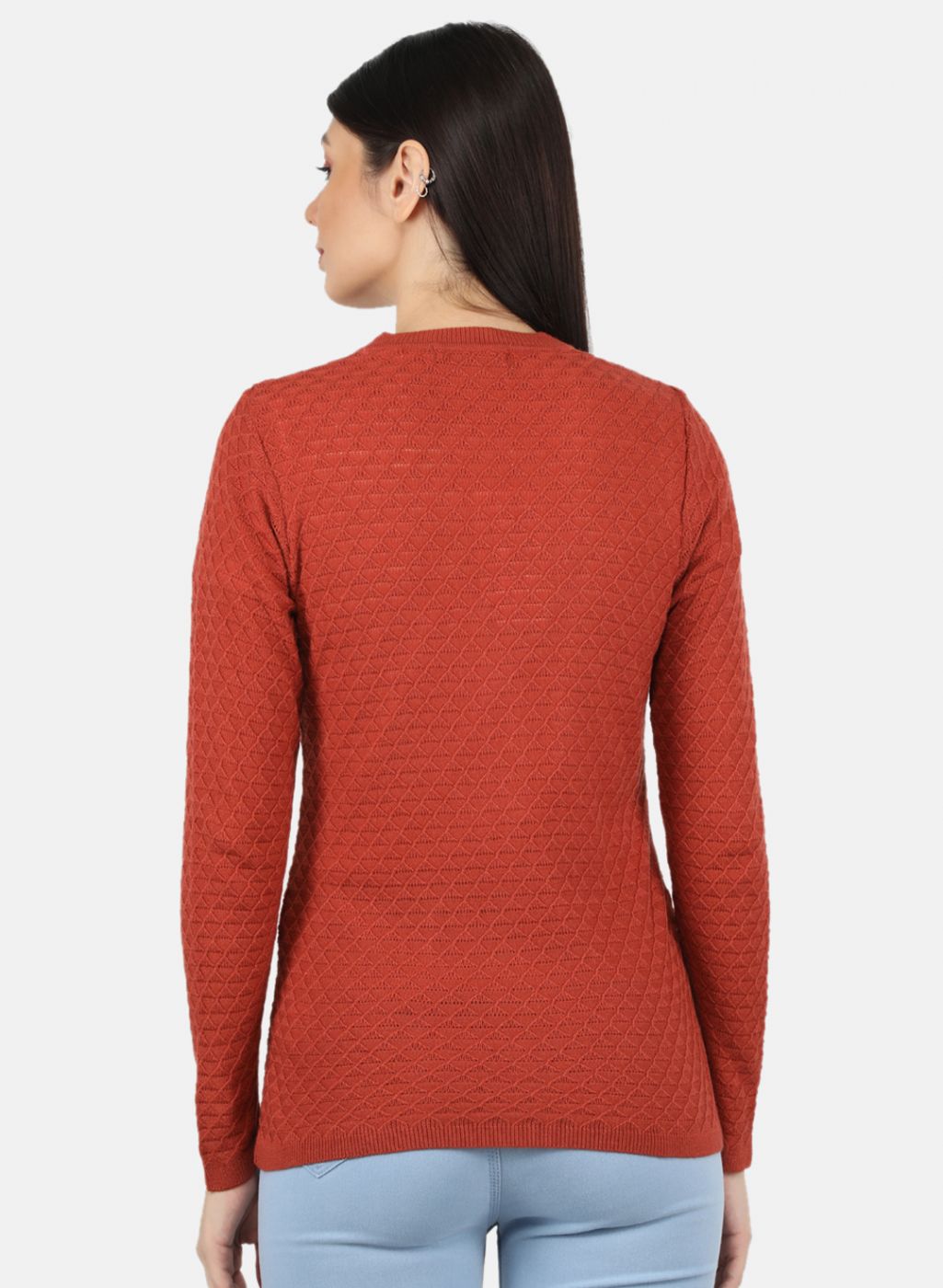 Women Rust Orange Self Design Cardigan