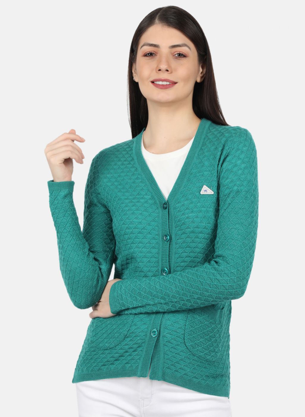 Women Sea Green Self Design Cardigan