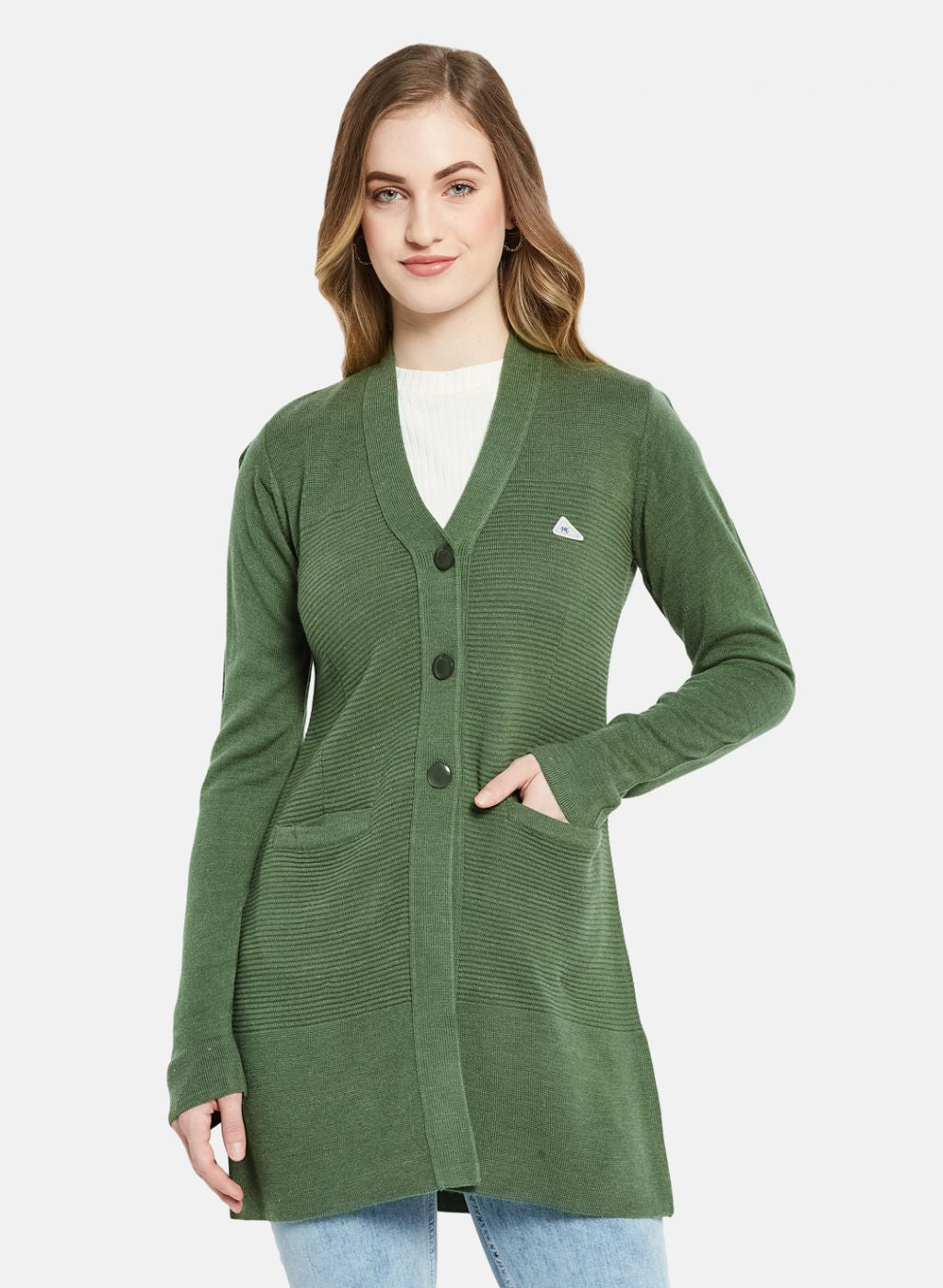 Women Green Self Design Cardigan