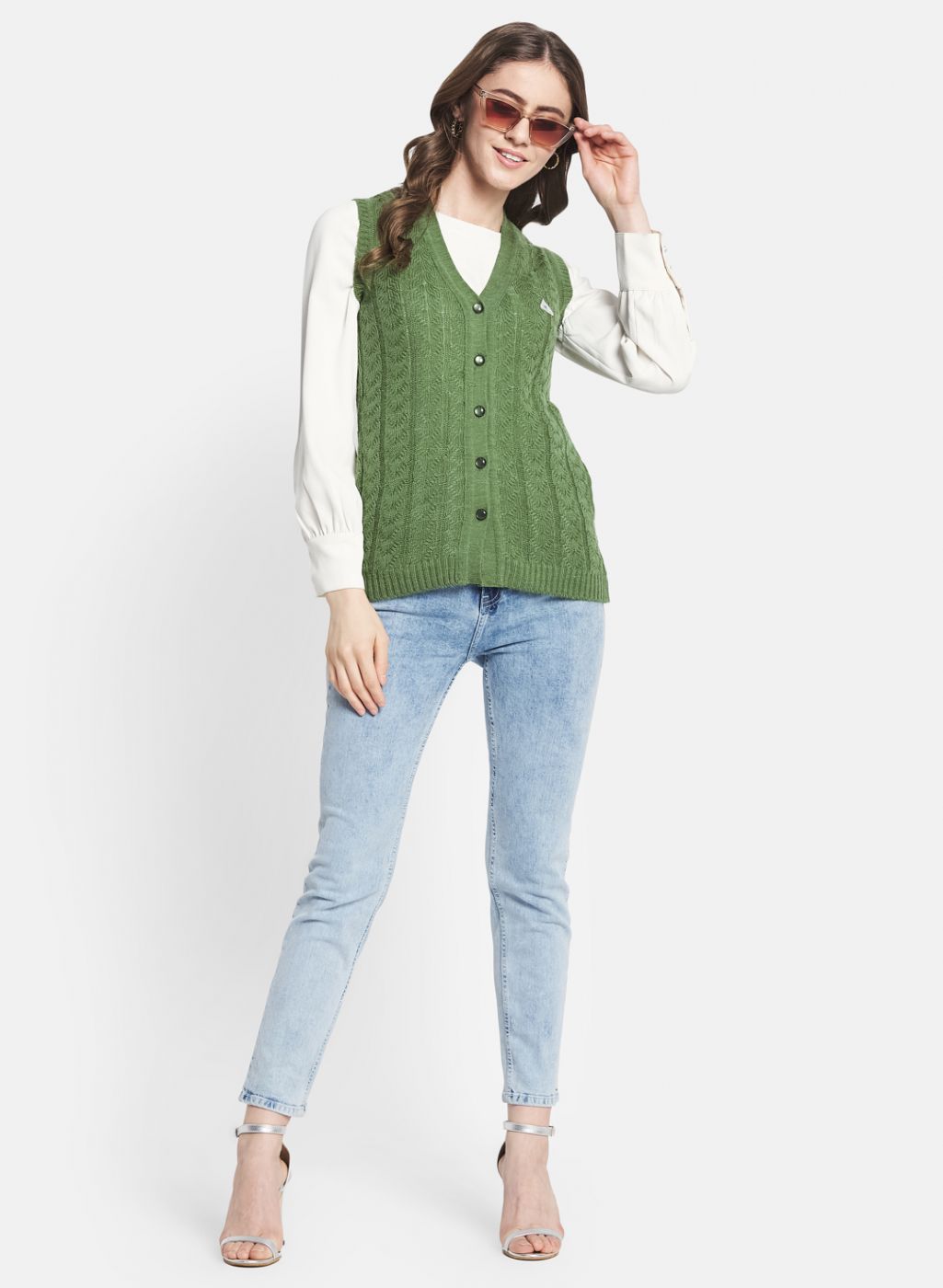 Women Green Self Design Cardigan