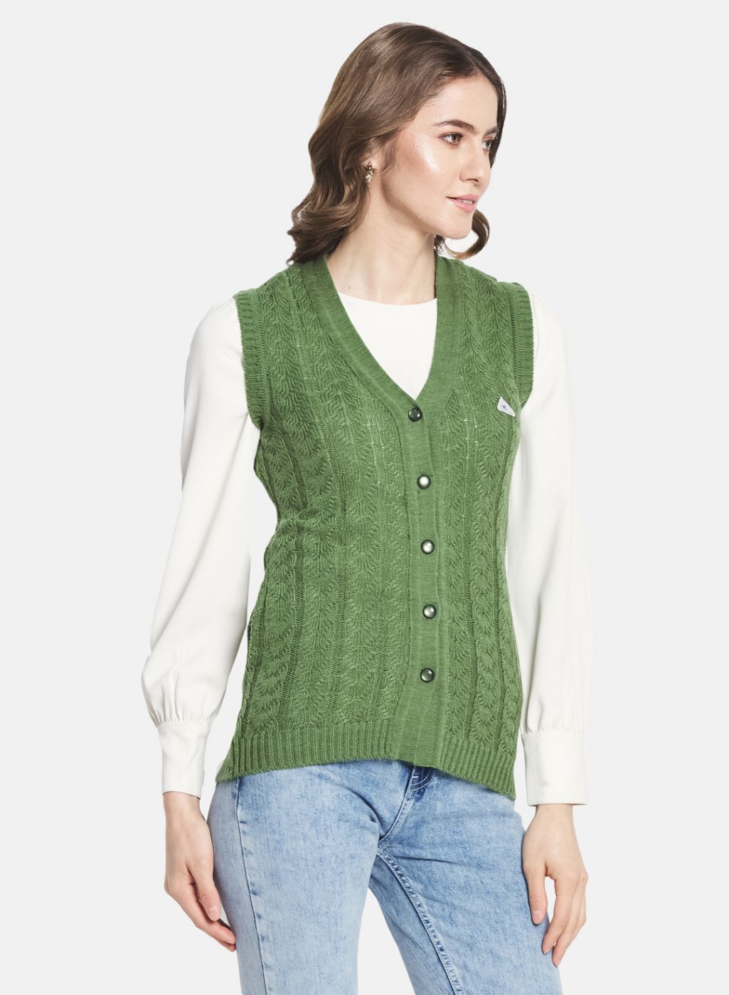 Women Green Self Design Cardigan