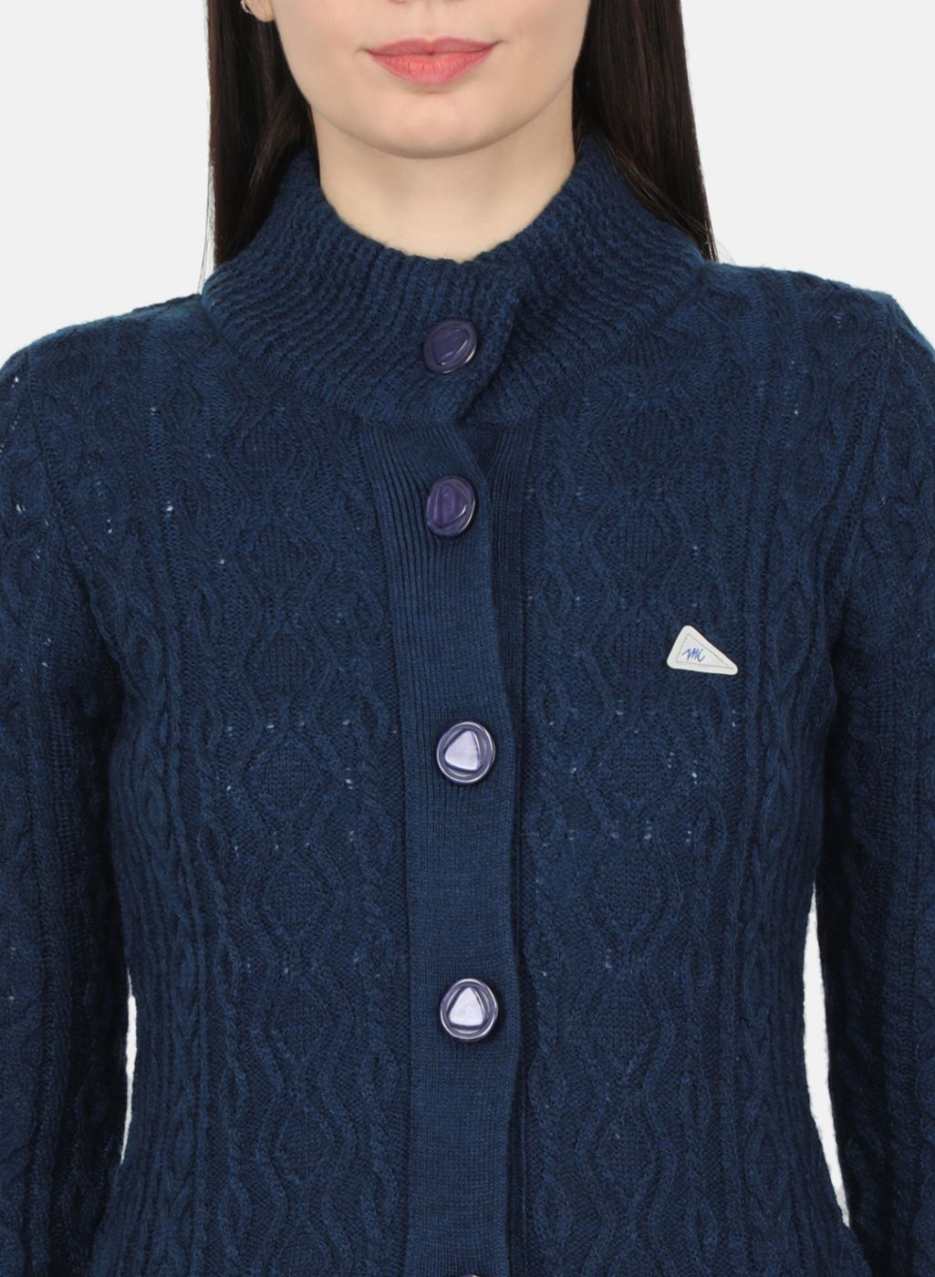 Women Navy Blue Self Design Cardigan