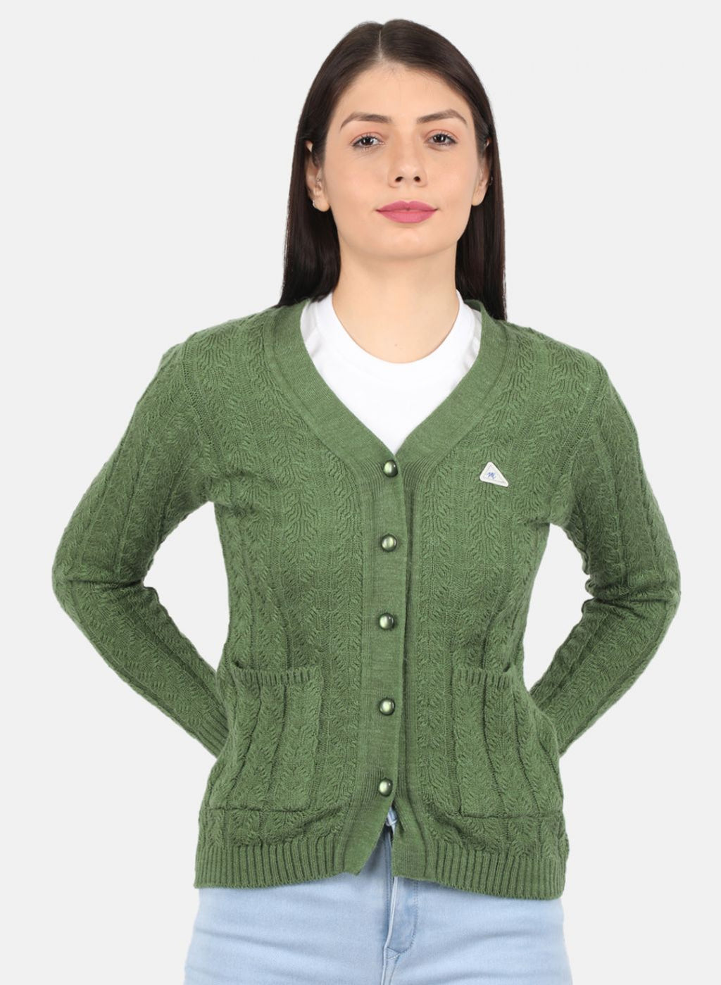 Women Green Self Design Cardigan