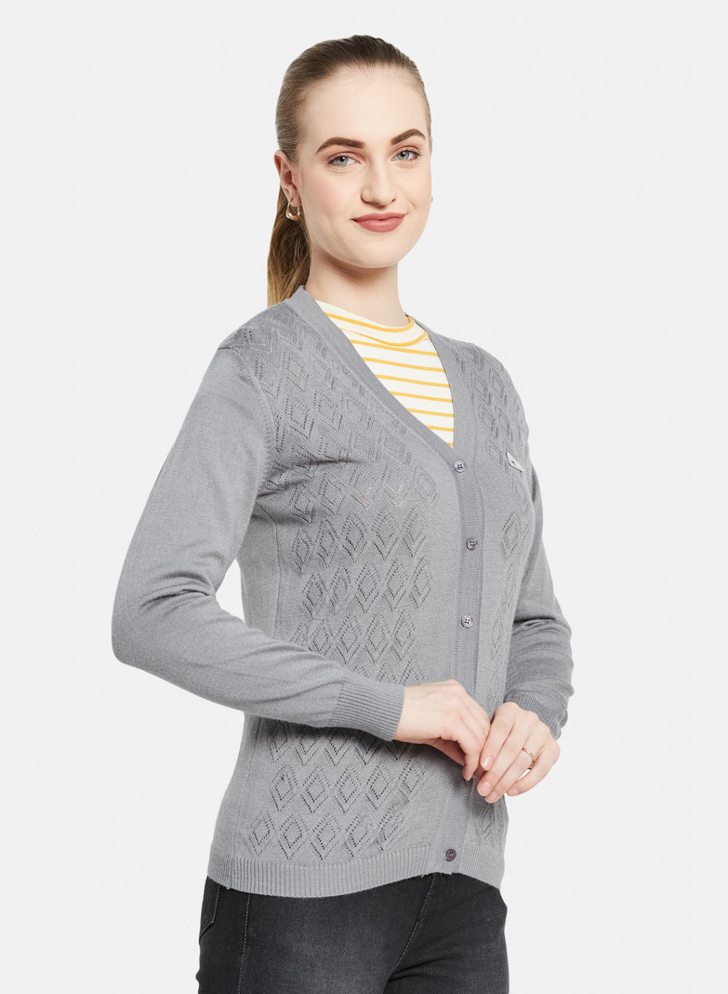 Women Grey Self Design Cardigan