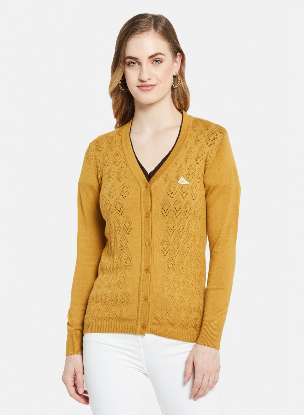 Women Golden Yellow Self Design Cardigan