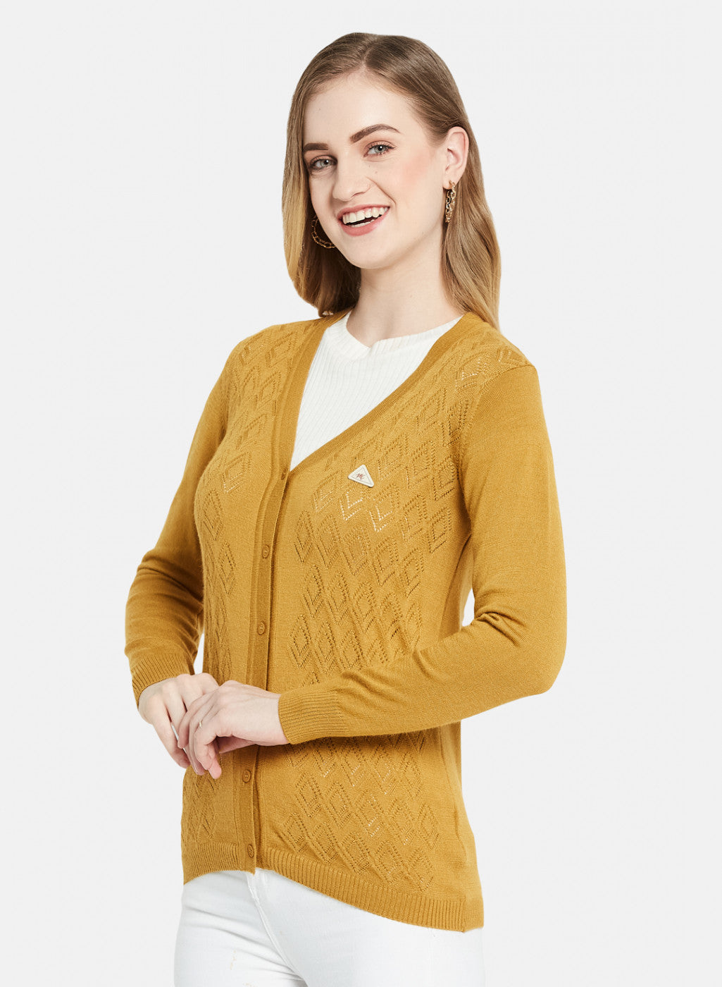 Women Golden Yellow Self Design Cardigan
