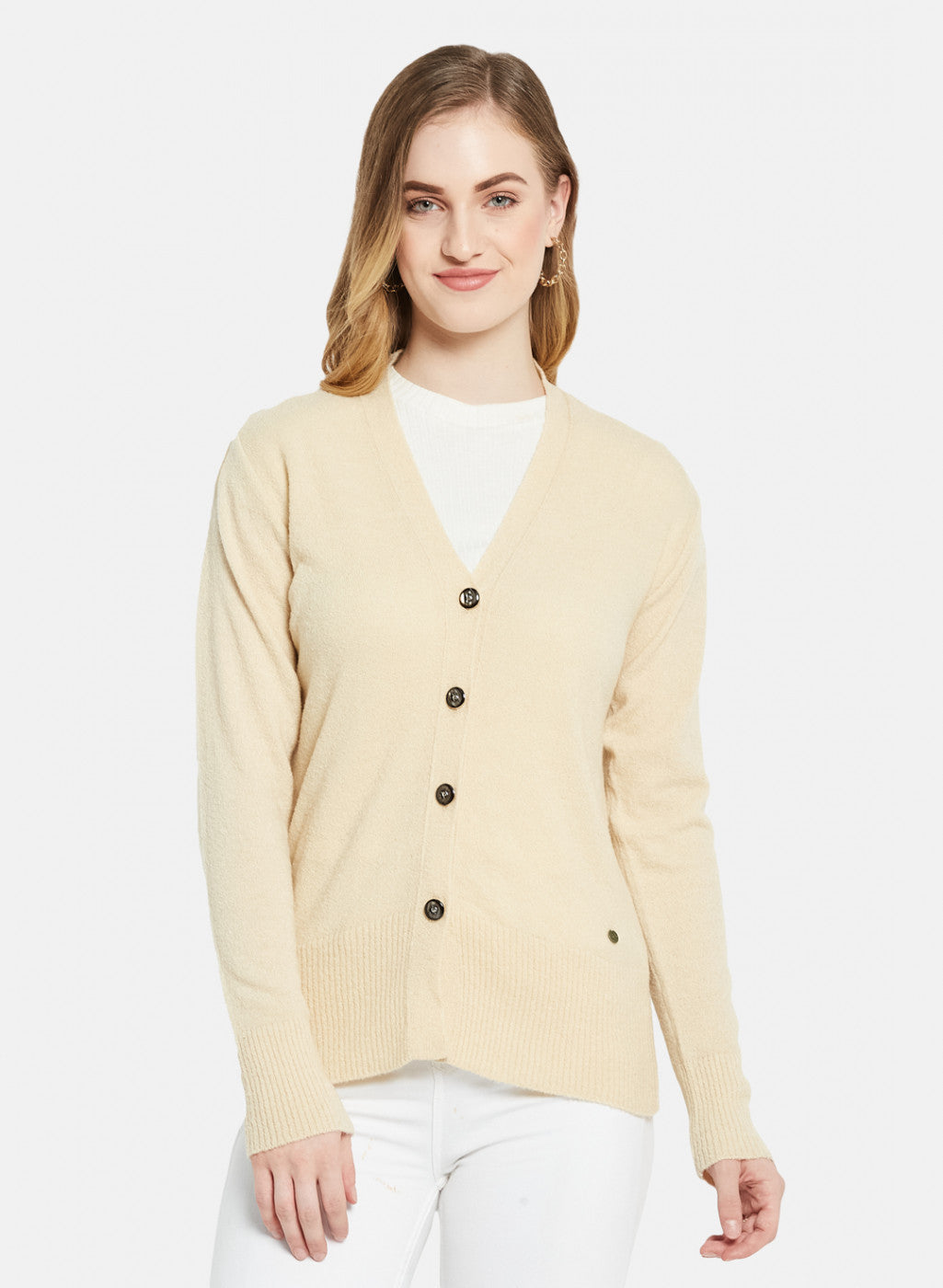 Women Cream Self Design Cardigan