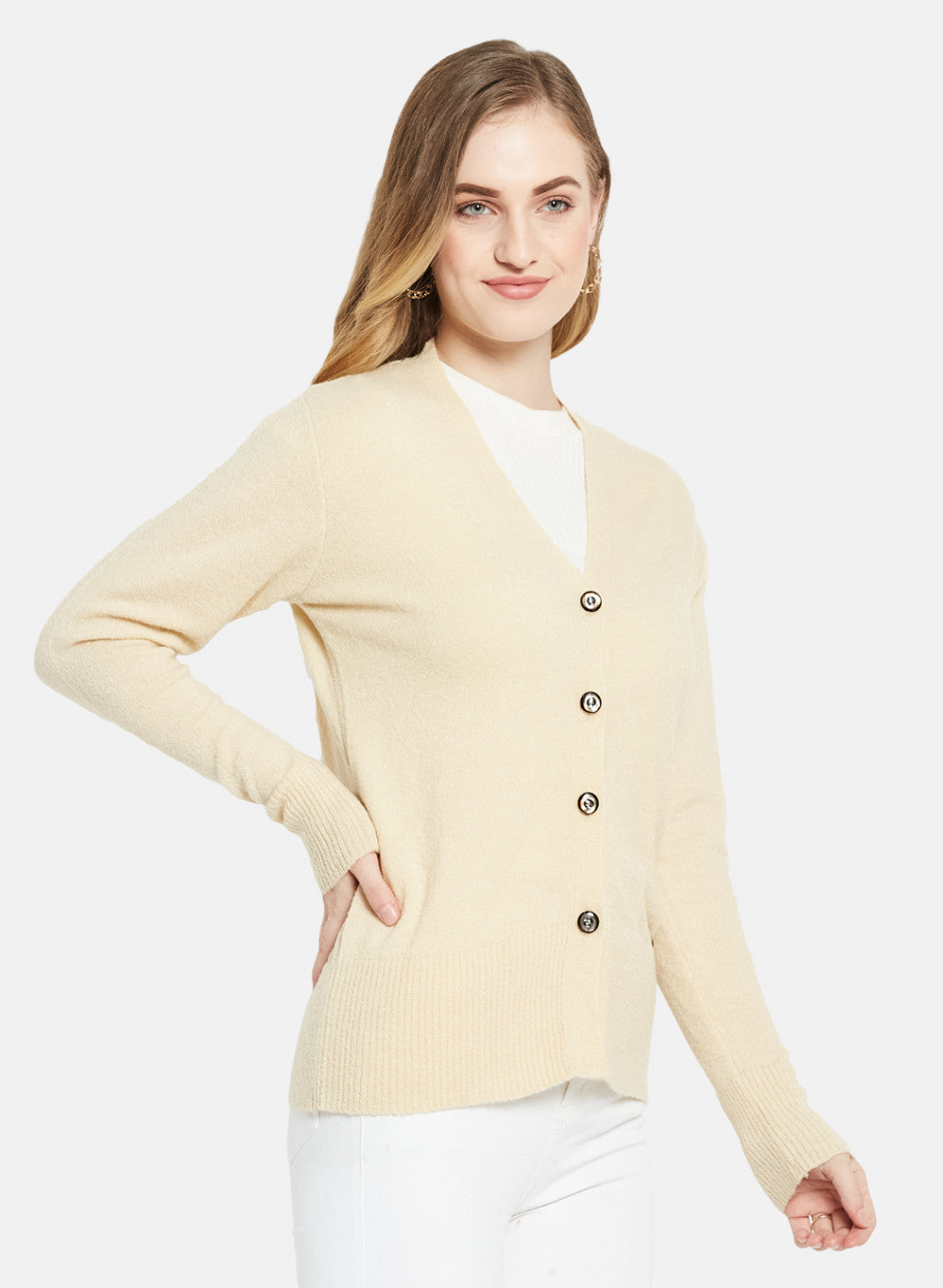 Women Cream Self Design Cardigan
