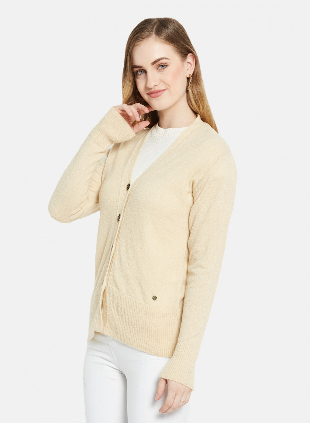 Women Cream Self Design Cardigan