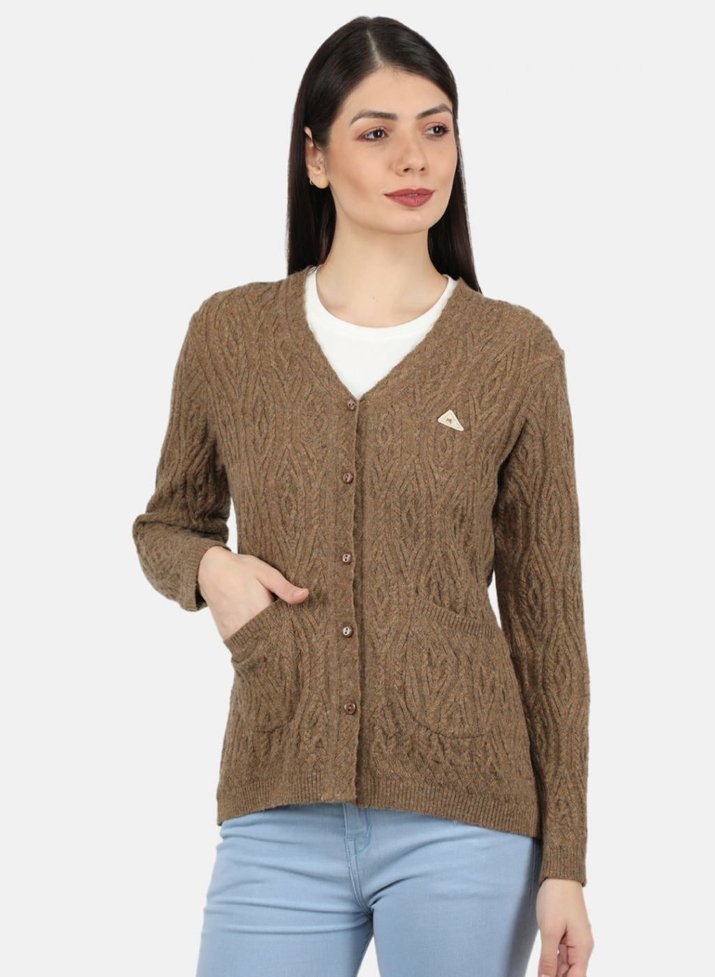 Women Brown Self Design Cardigan