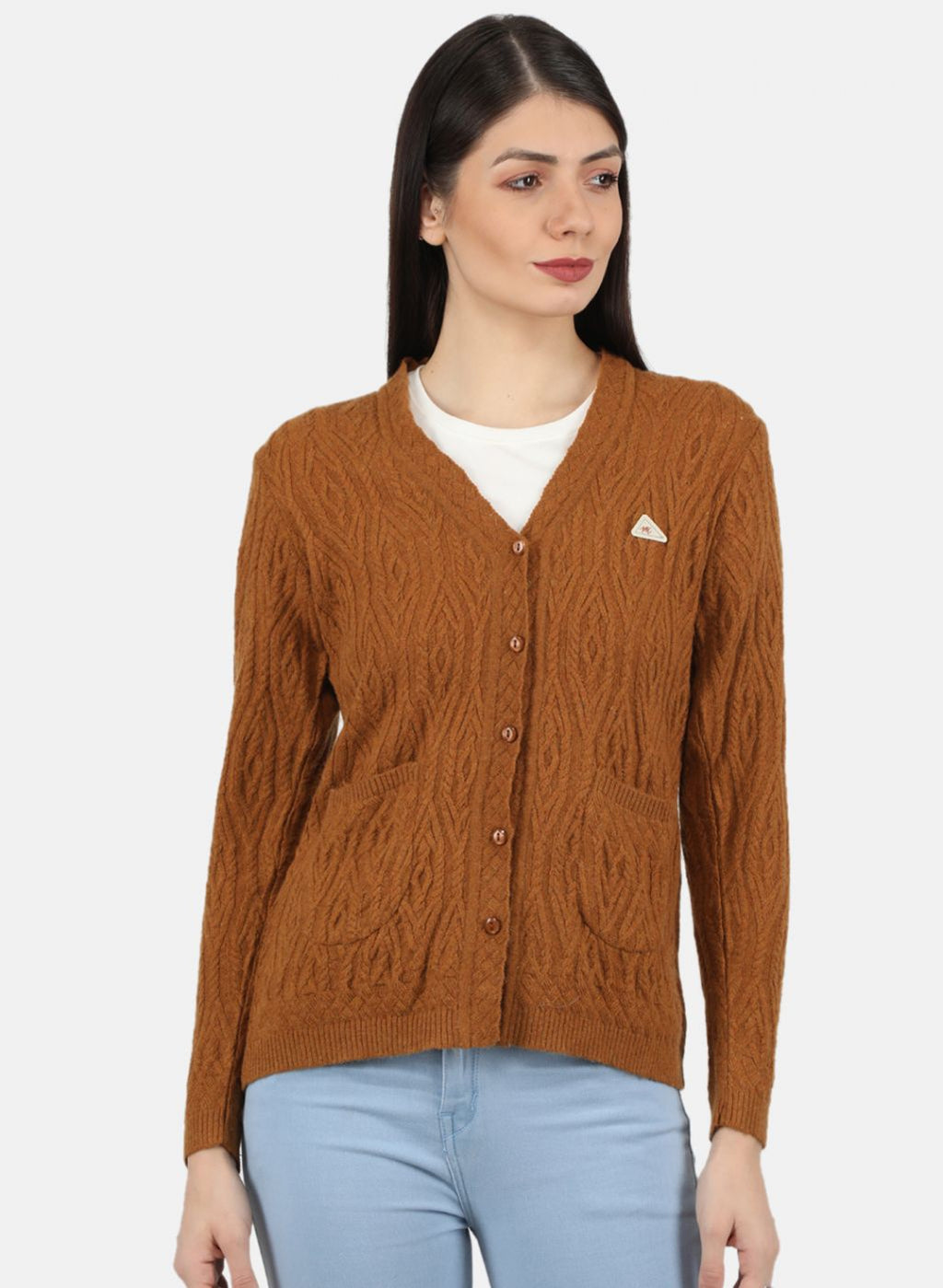 Women Orange Self Design Cardigan