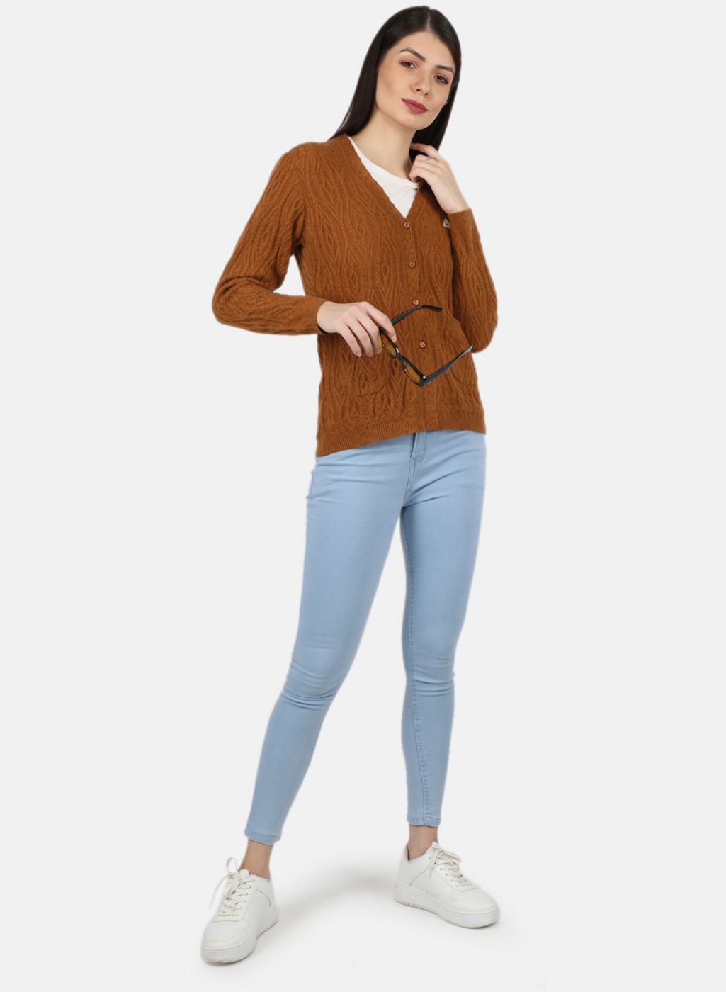 Women Orange Self Design Cardigan