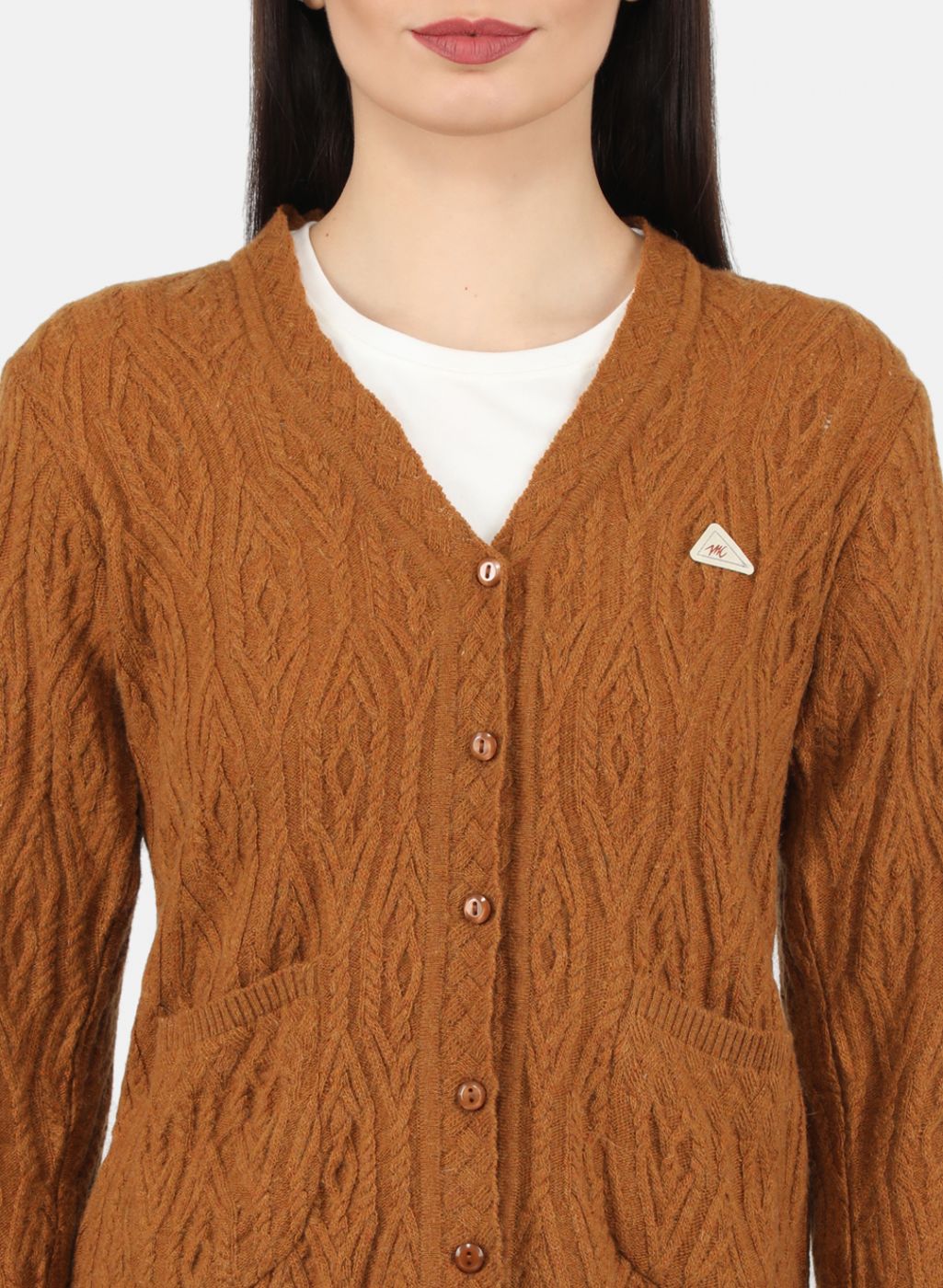 Women Orange Self Design Cardigan