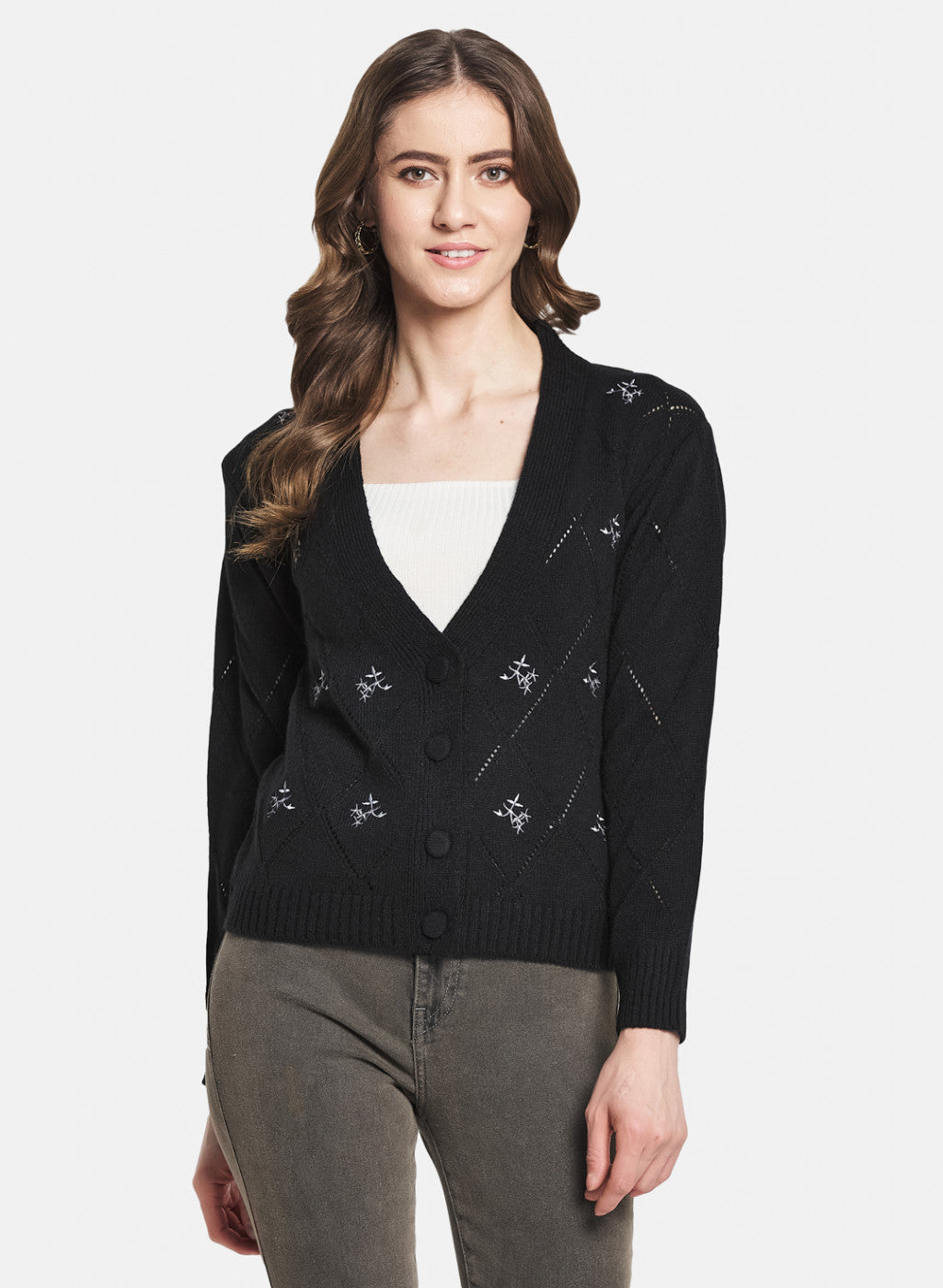 Women Black Self Design Cardigan