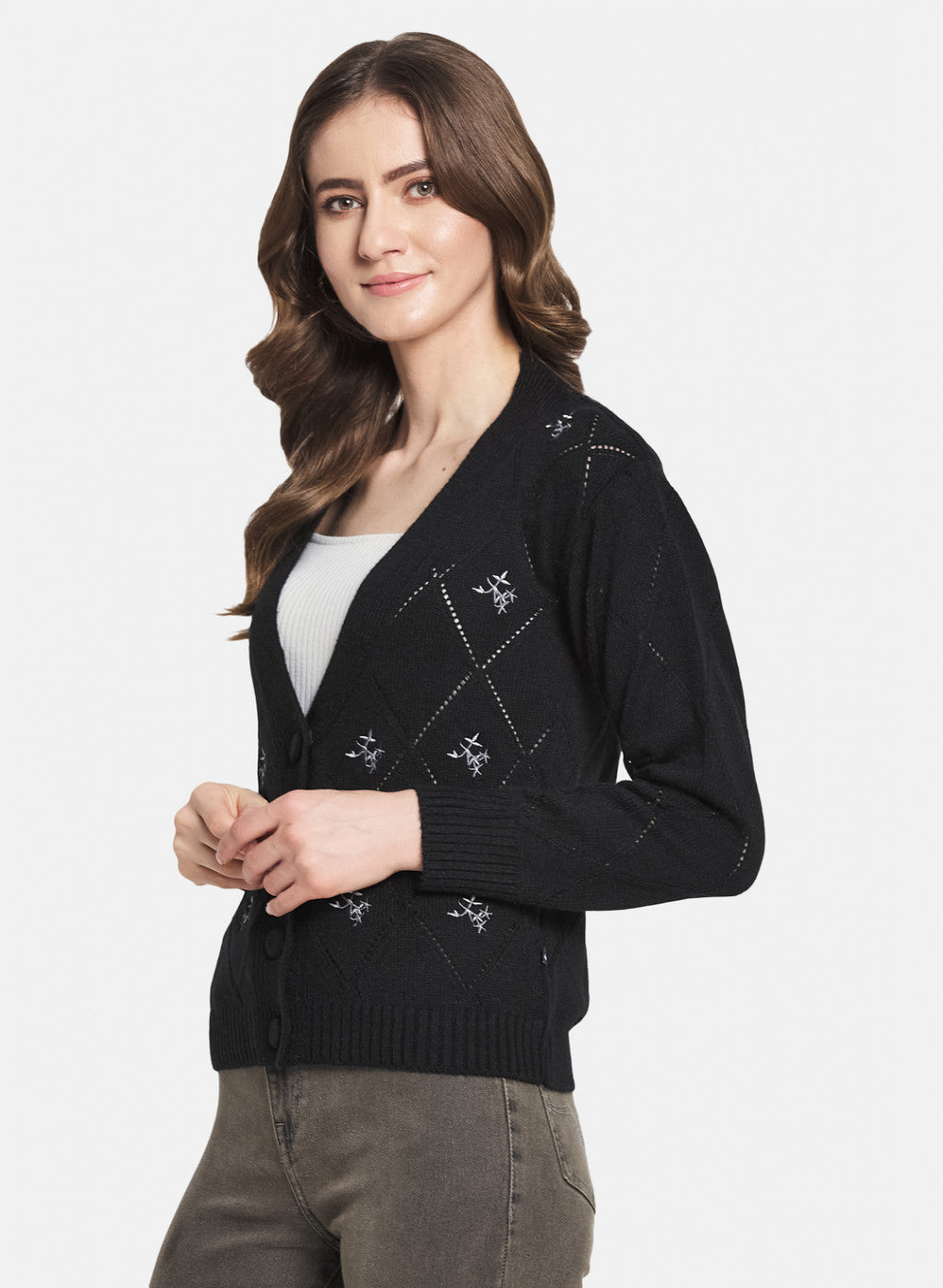 Women Black Self Design Cardigan