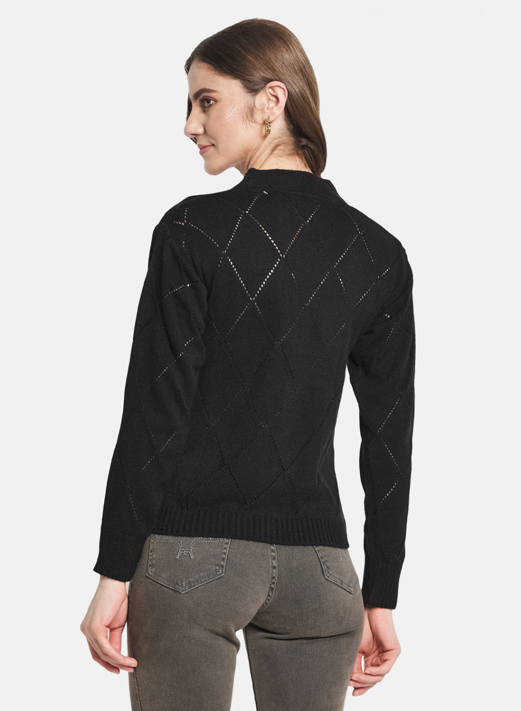 Women Black Self Design Cardigan