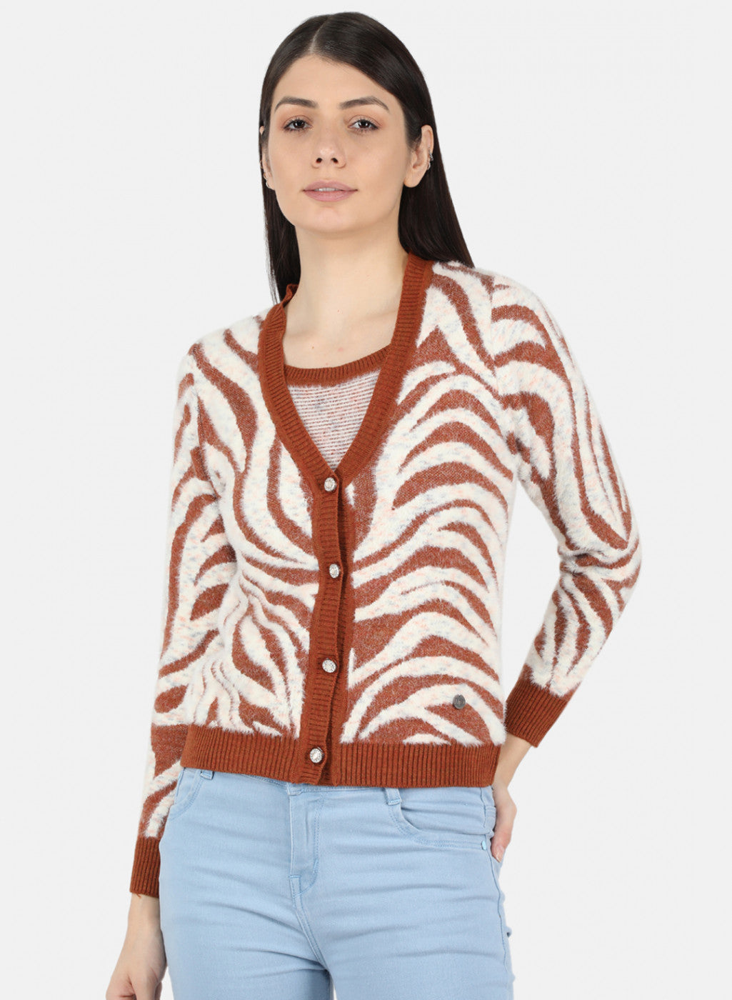 Women Rust Orange Self Design Cardigan