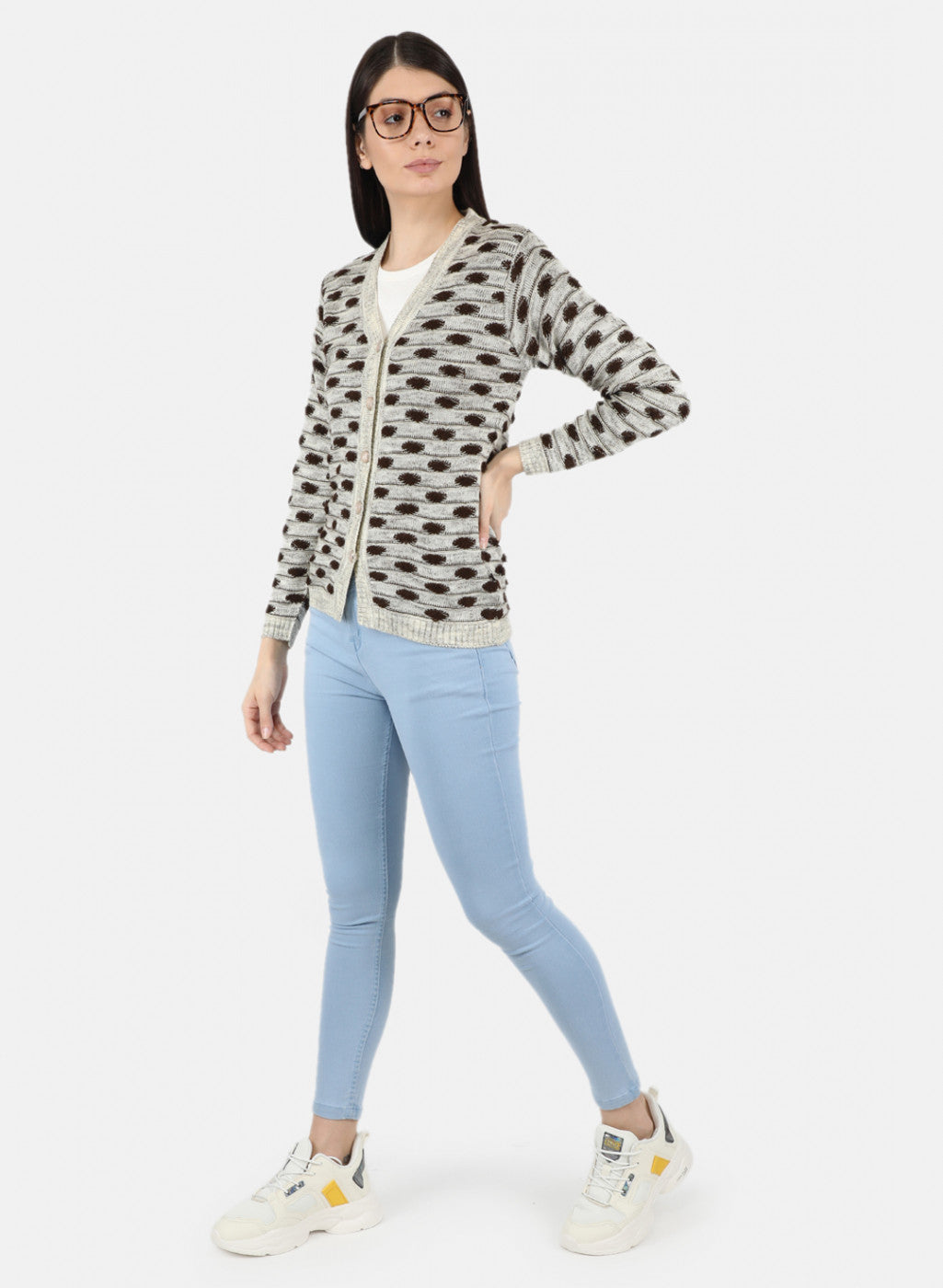 Women Light Brown Self Design Cardigan