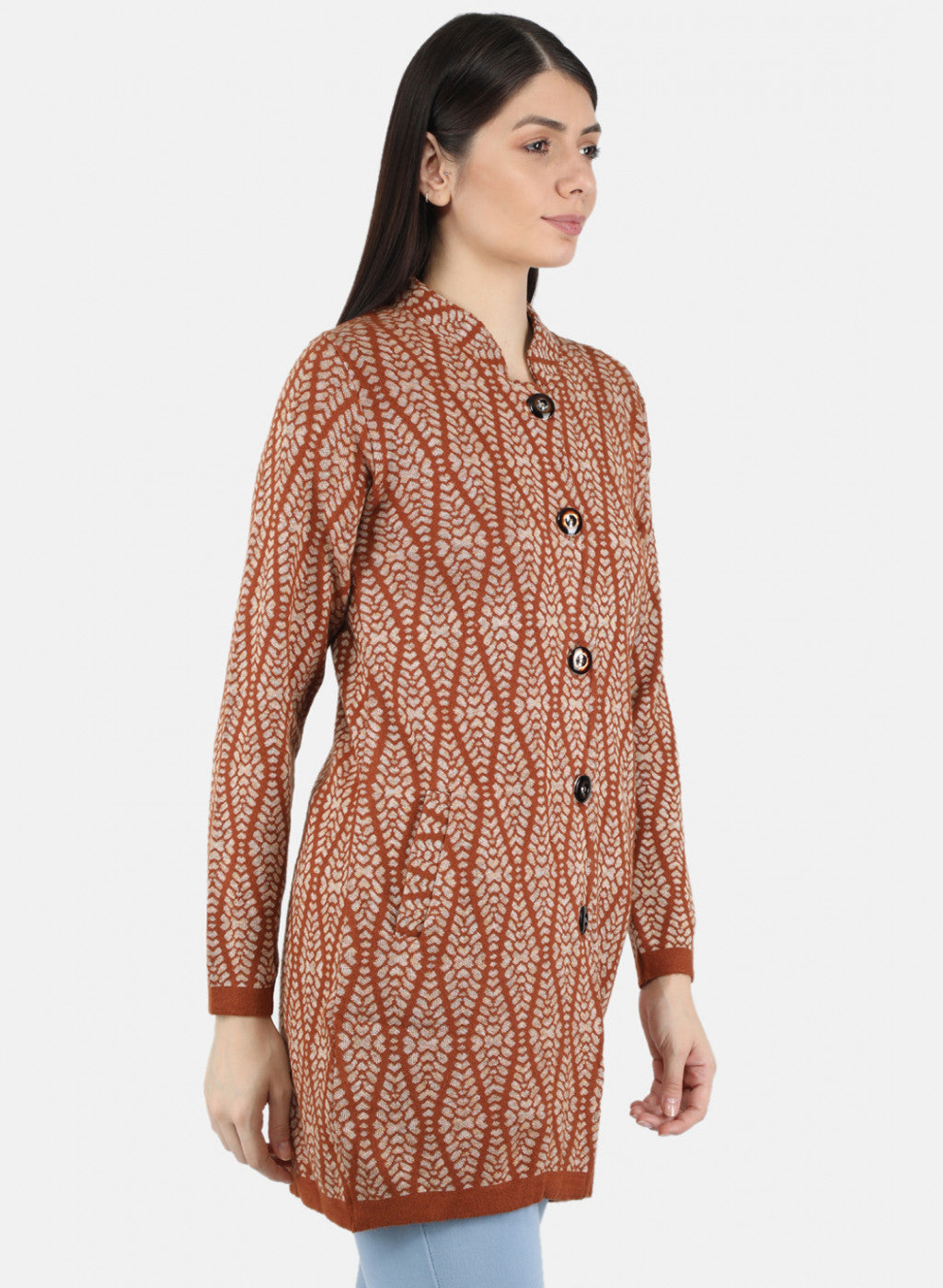Women Rust Orange Self Design Coat