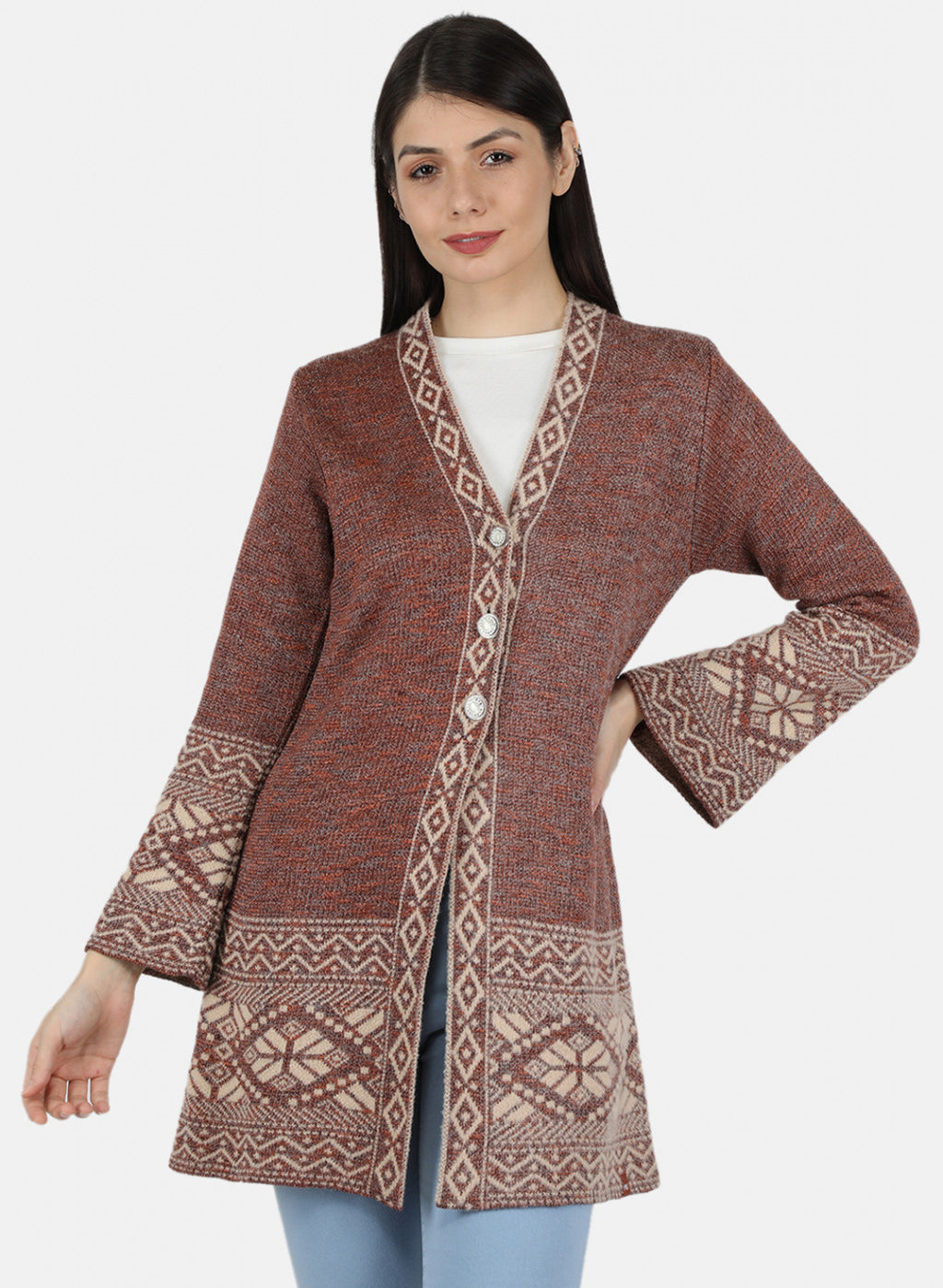 Women Rust Orange Self Design Cardigan