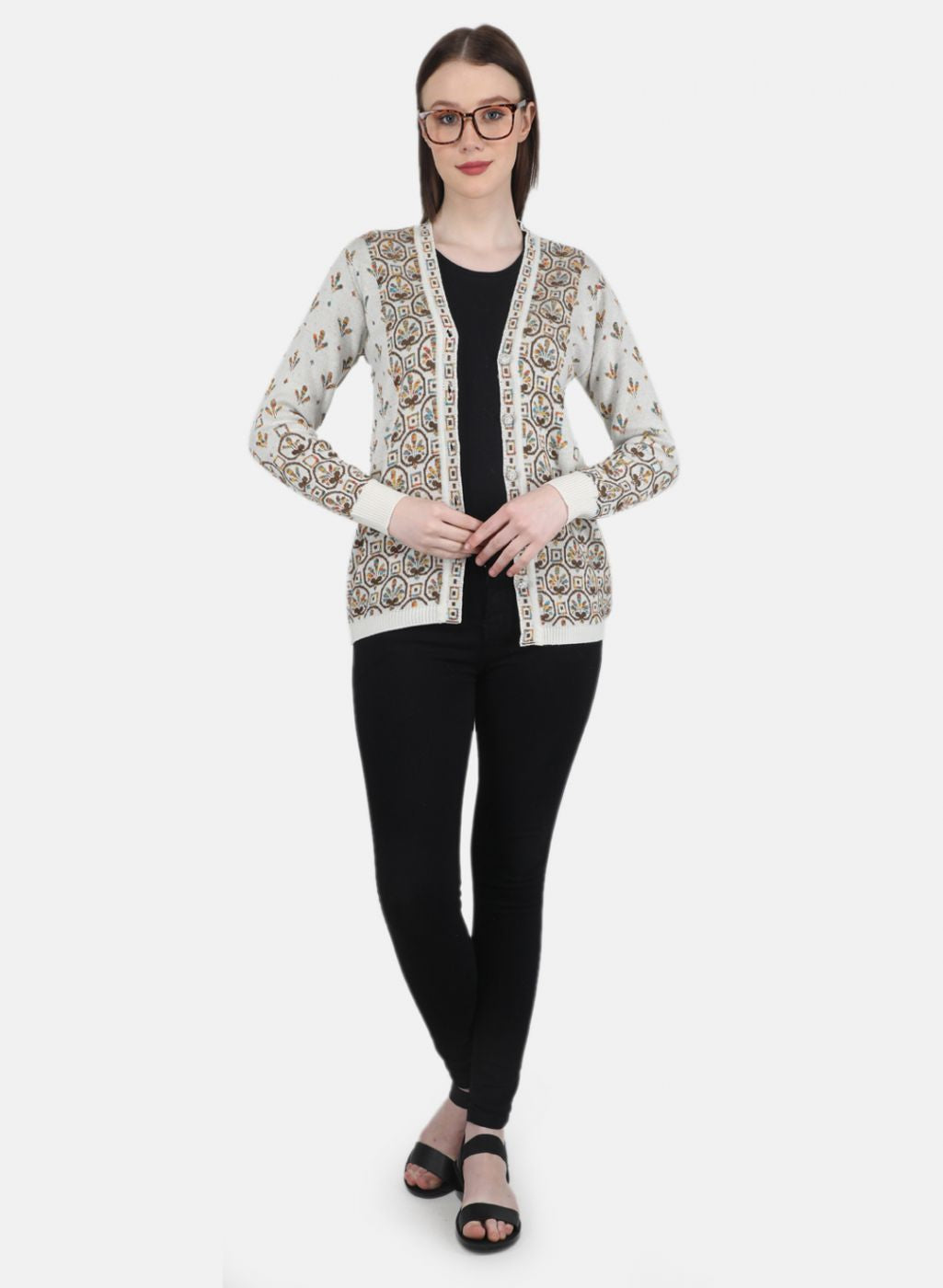 Women White & Brown Self Design Cardigan