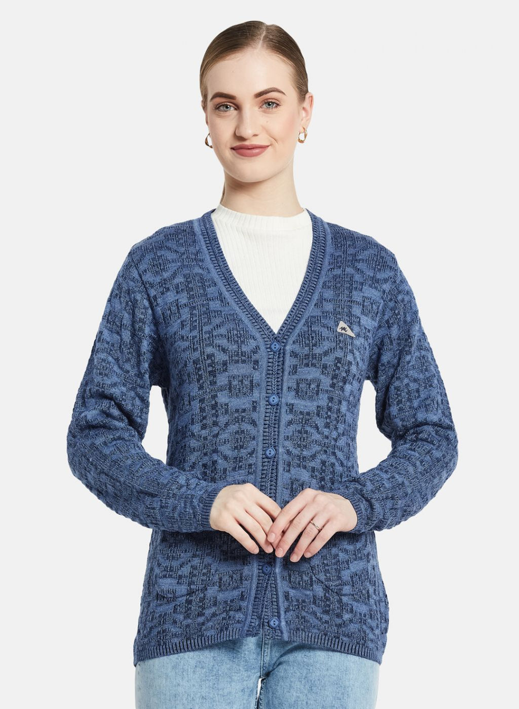 Women Blue Self Design Cardigan