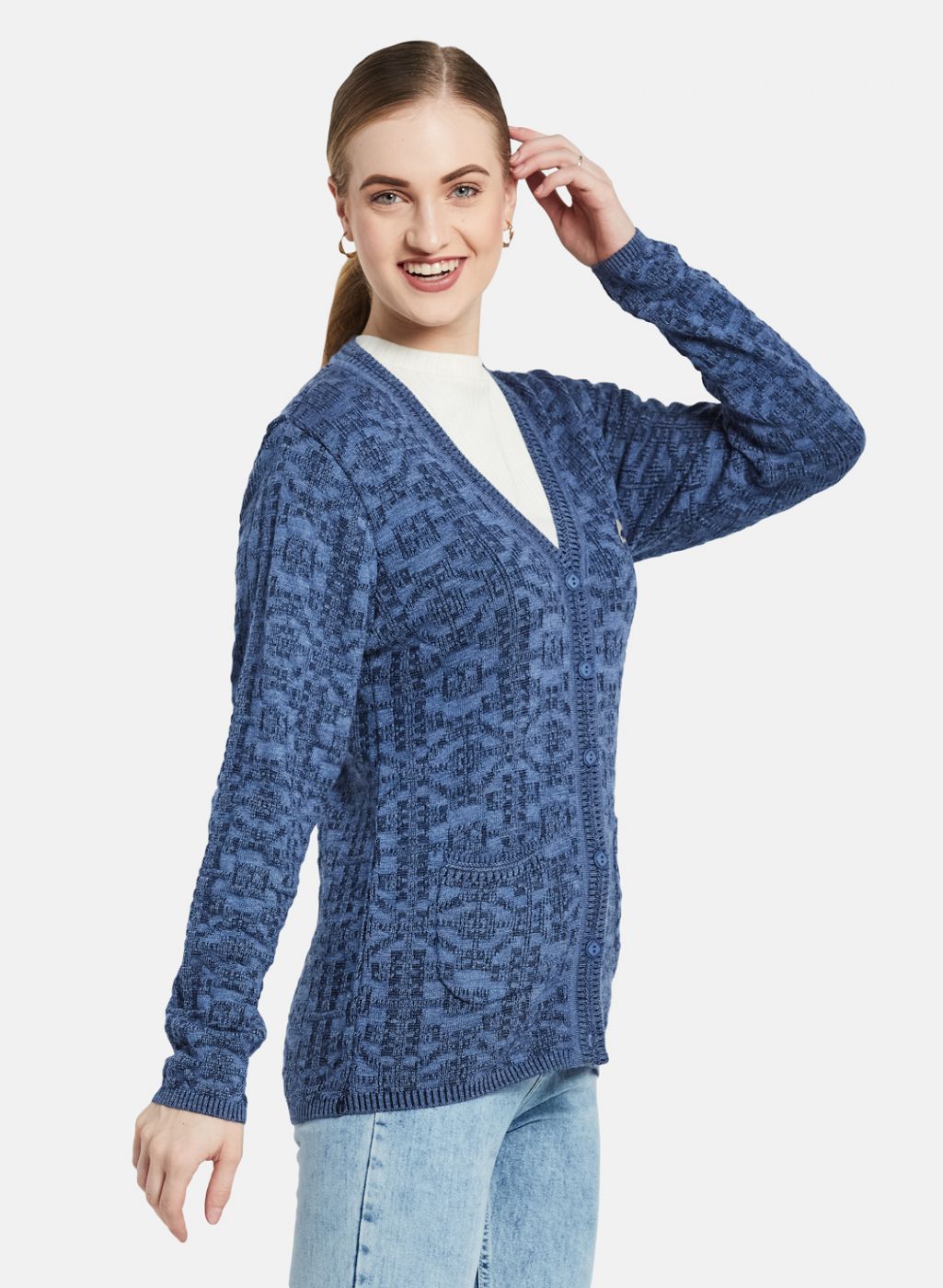 Women Blue Self Design Cardigan