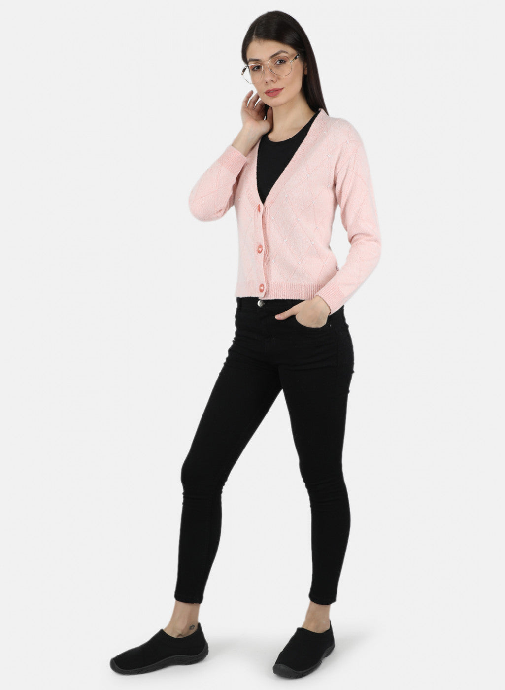 Women Pink Self Design Cardigan