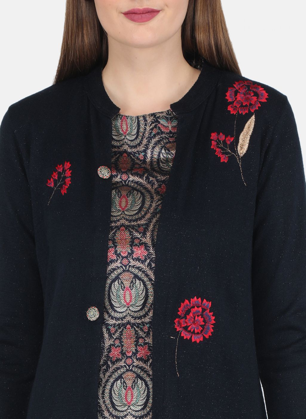 Women NAvy Blue Self design 3 Pc set (Kurti+Shrug+Lower)