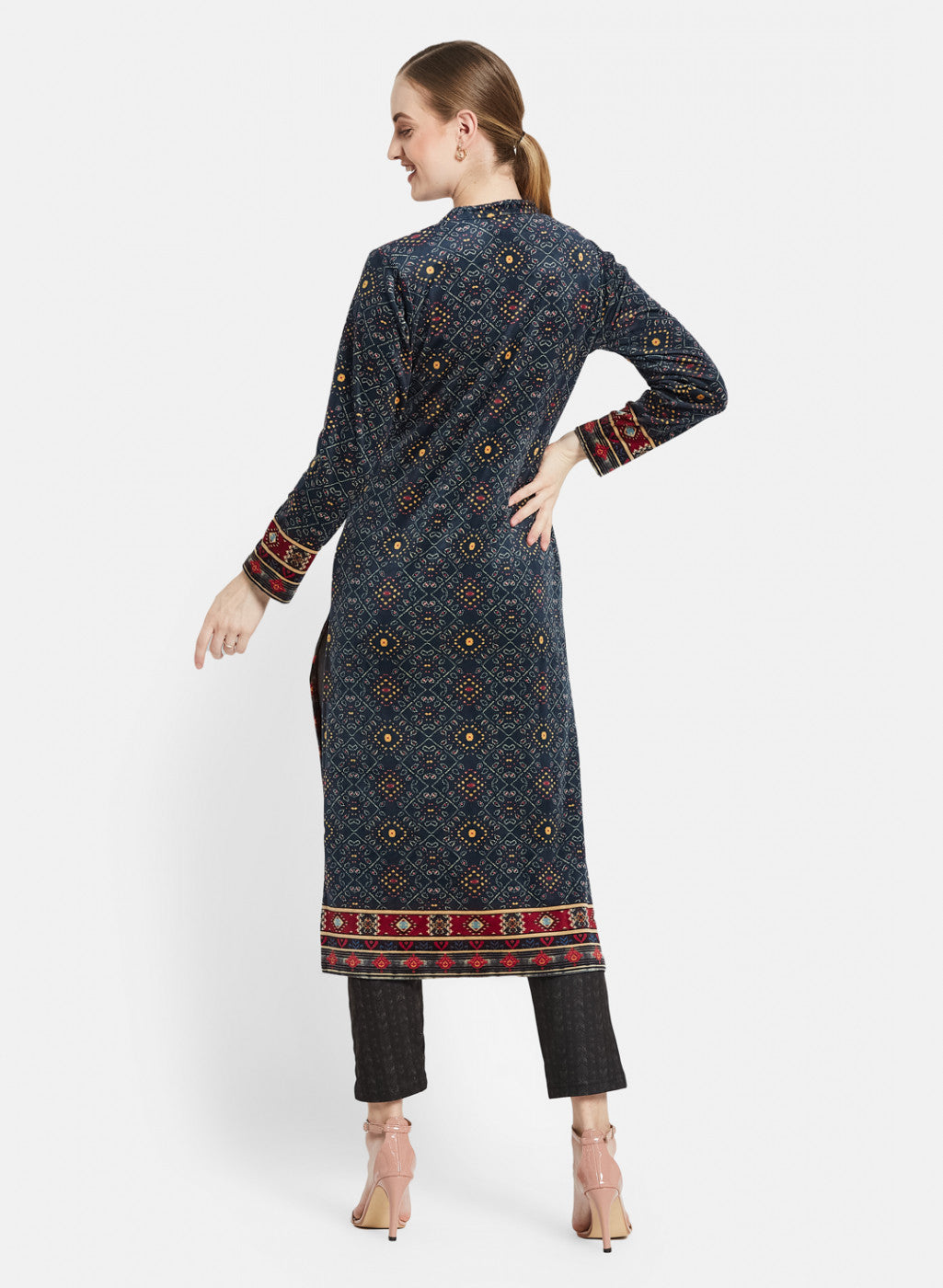 Women Blue Self Design Winter Kurti