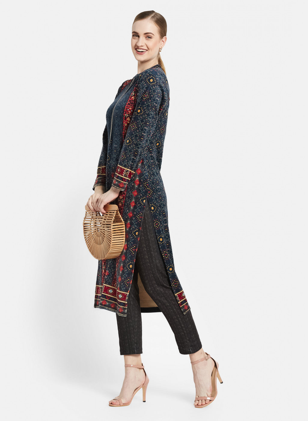 Women Blue Self Design Winter Kurti