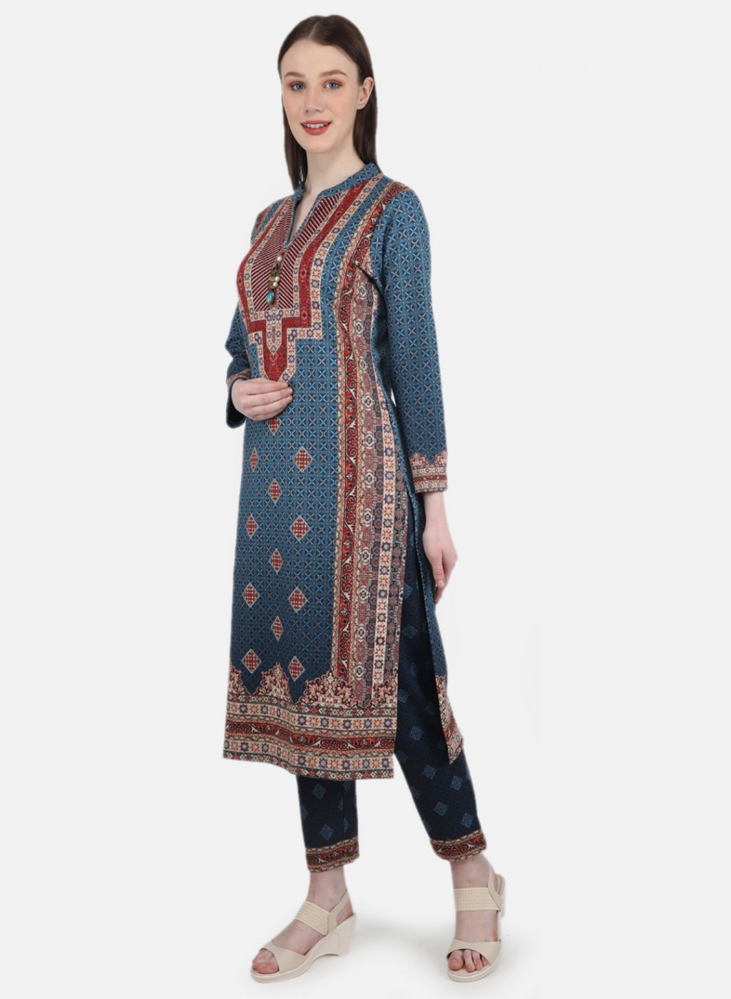 Women Blue Self Design Kurti+Lower Set
