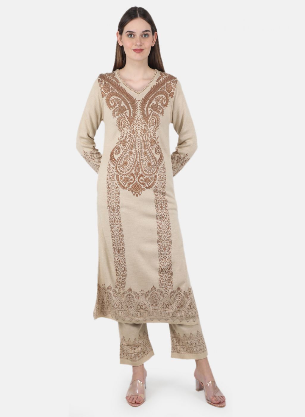 Women Beige Self Design Kurti+Lower Set