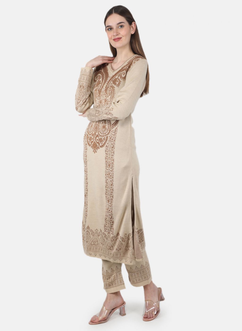 Women Beige Self Design Kurti+Lower Set