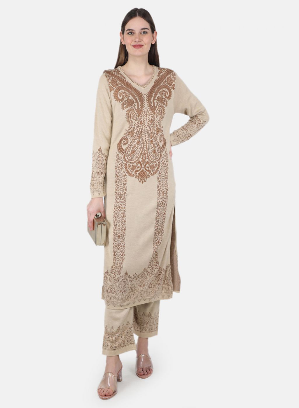 Women Beige Self Design Kurti+Lower Set