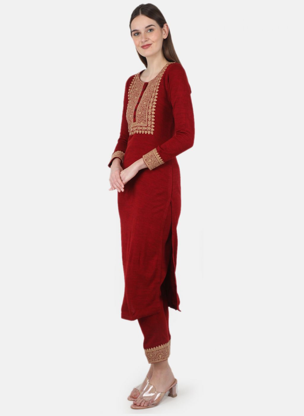Women Maroon Self Design Kurti+Lower Set