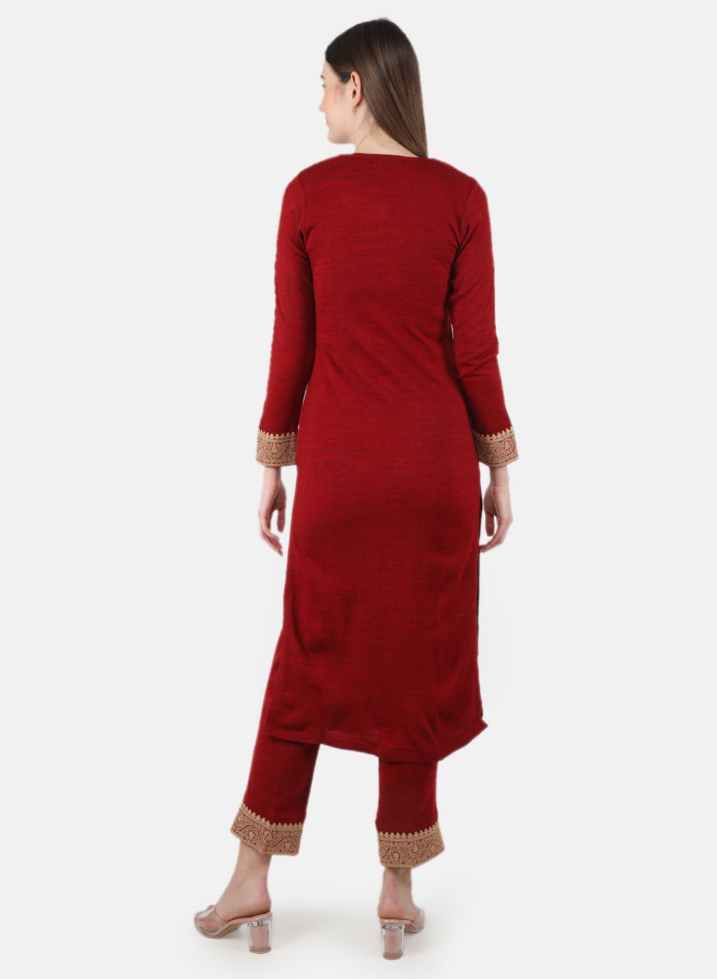 Women Maroon Self Design Kurti+Lower Set