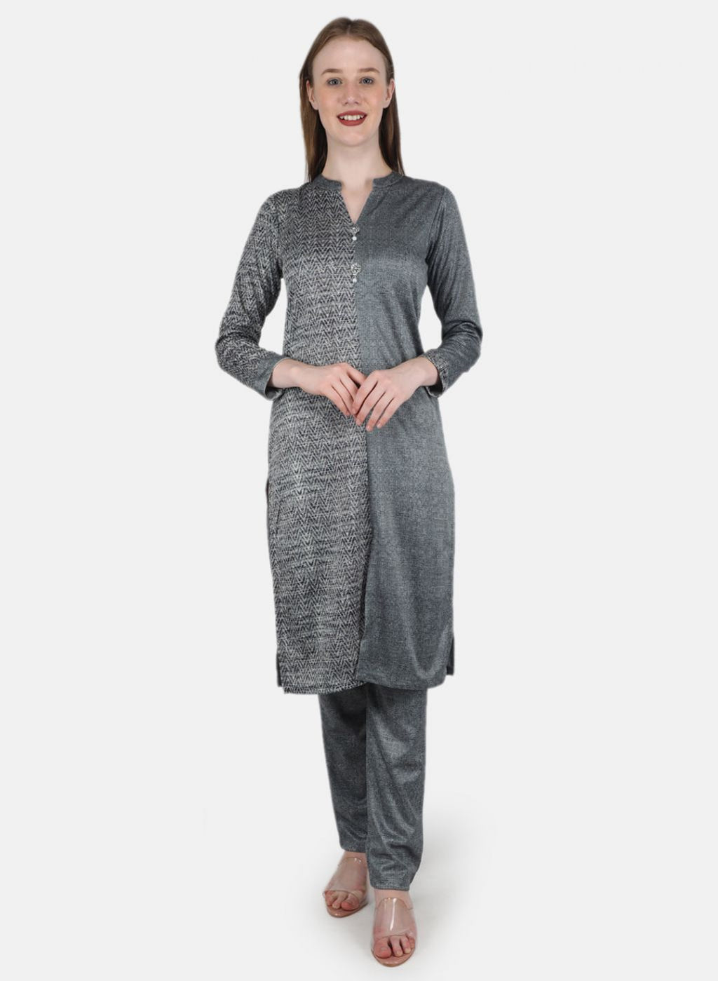 Women Grey Self Design Kurti+Lower Set