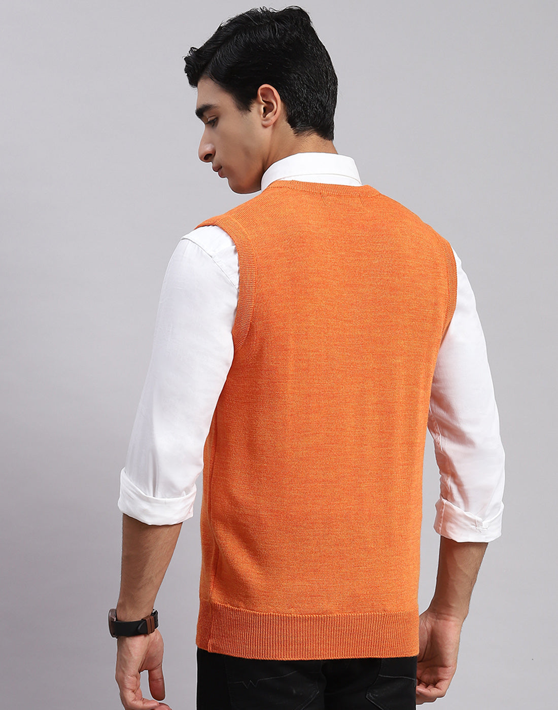 Men Orange Solid V Neck Sleeveless Sweaters/Pullovers